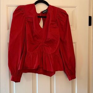 En Saison Scarlet Red V-Neck Peplum Blouse with Puff Sleeves